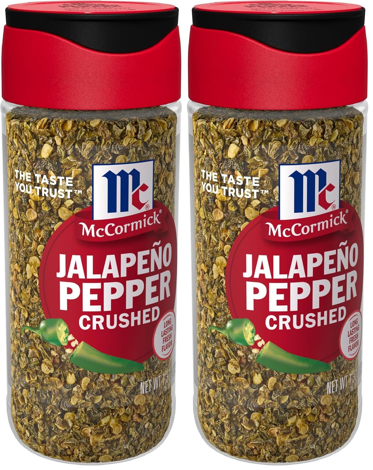McCormick Crushed Jalapeño Pepper, 1.37 oz, bold flavor and moderate heat.