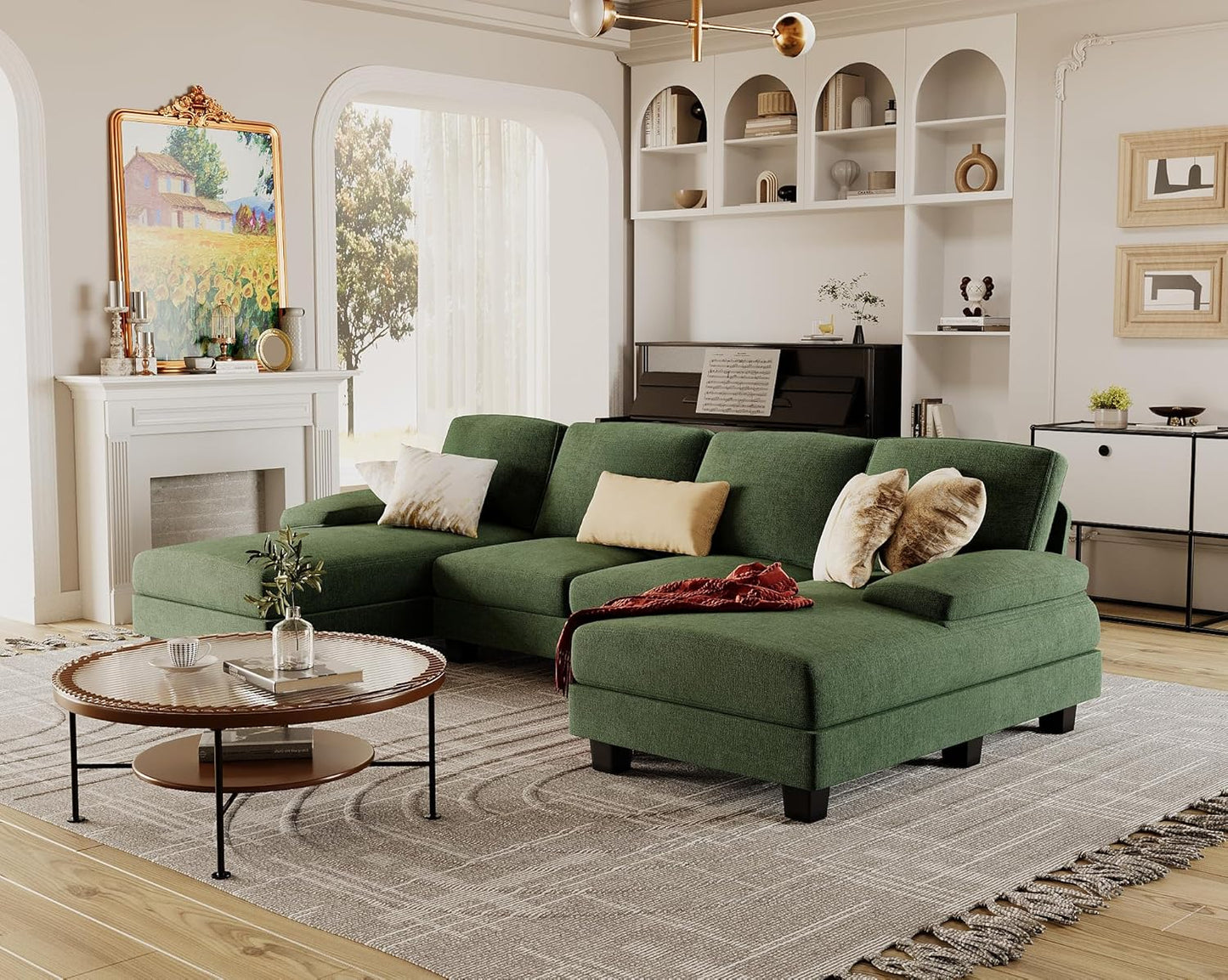 Furmax Sectional Couches for Living Room, U-Shaped Sofa Couch with Linen Fabric, 4 Seat Sofa Set with Double Chaise for Apartment (Fabric, Green)