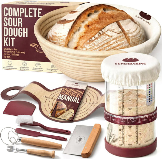 Superbaking Sourdough Starter Kit: 9" Banneton Basket, Silicone Sling & Jar | Non-Stick Silicone Dough Sling, Glass Starter Jar Kit, Splinter-Free, Sourdough Bread Baking Supplies