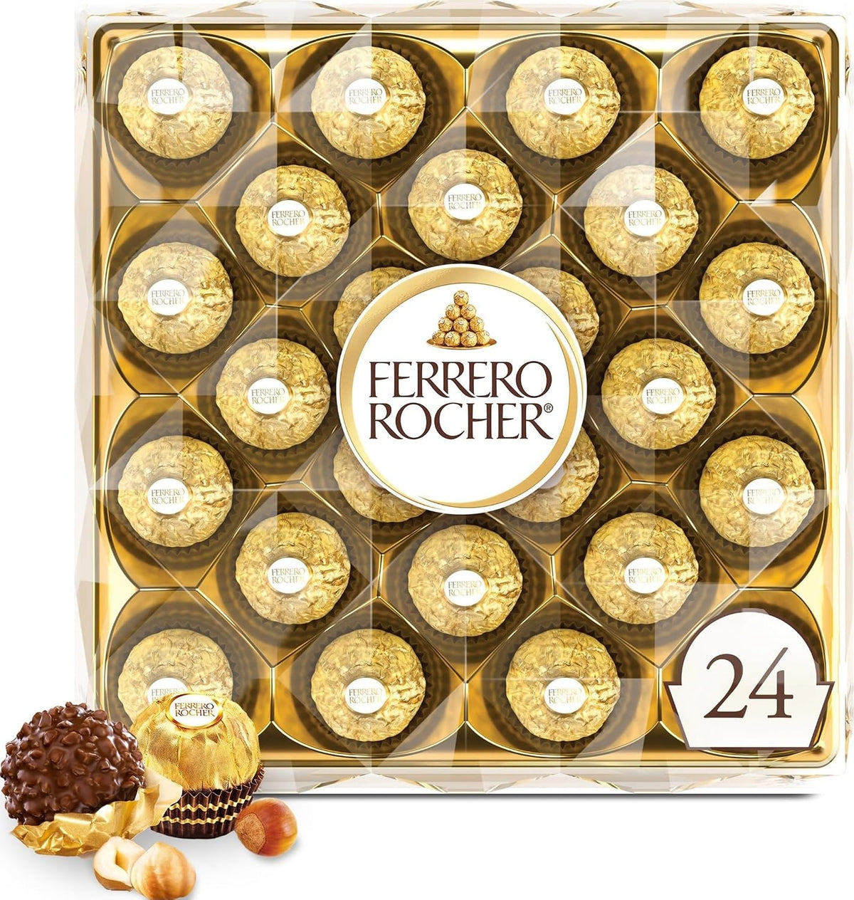 Ferrero Rocher Gourmet Hazelnut Milk Chocolate Gift Box, 24 Individually Wrapped Chocolates, 10.6 oz