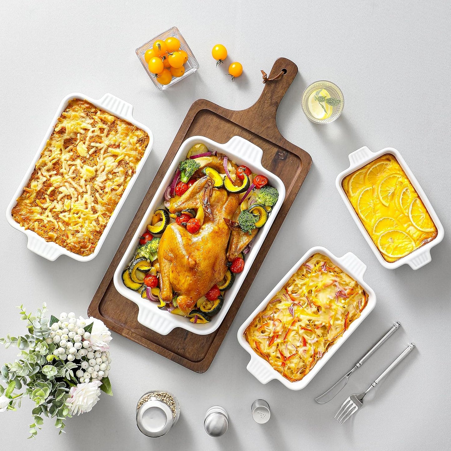 MALACASA Casserole Dishes for Oven, Ceramic Baking Dishes Set of 4, White | Rectangular Deep Lasagna Pans with Handles for Roasting Vegetable, Cake, Durable Bakeware, Wedding Gift(9.4/11.1/12.2/14.7")