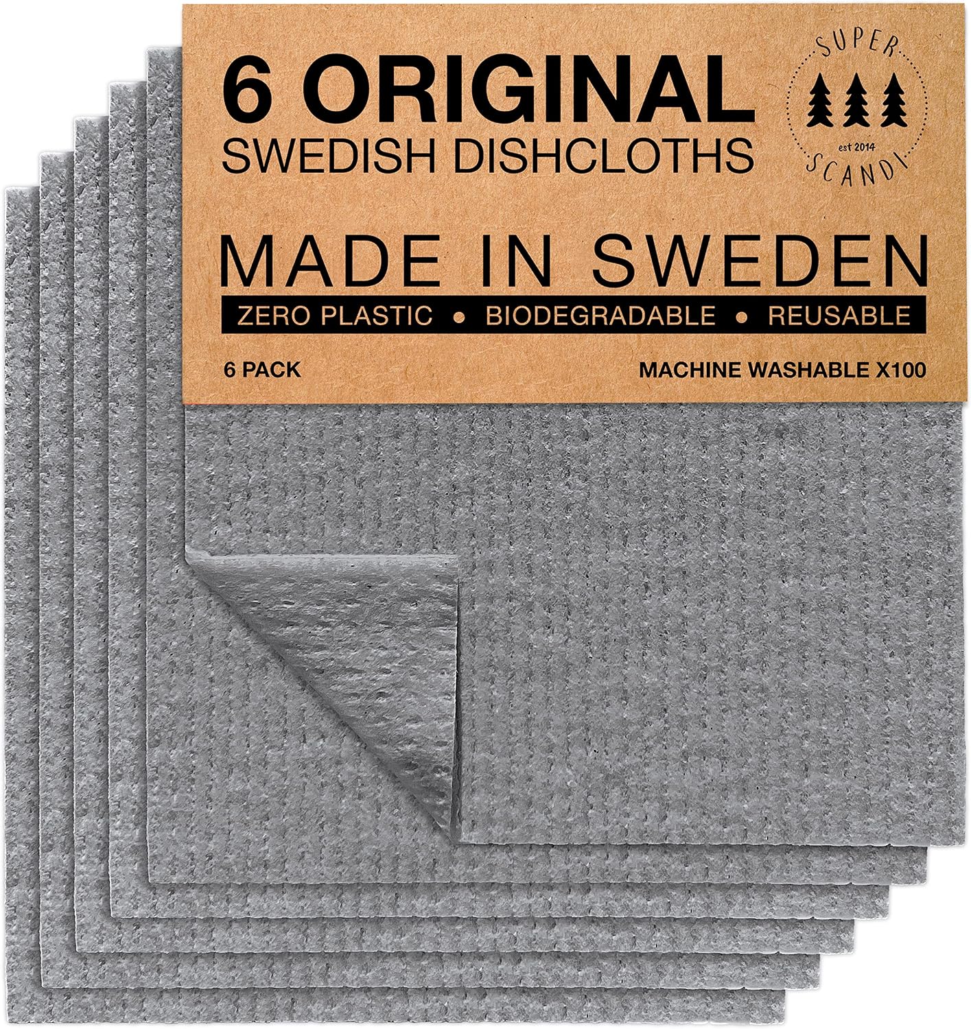 SUPERSCANDI 10 Pack Swedish Dishcloths for Kitchen - 100% Biodegradable & Compostable Reusable Paper Towels Washable, Food-Safe & Without Plastic - Dish Rags Suitable for Any Surface, Grey