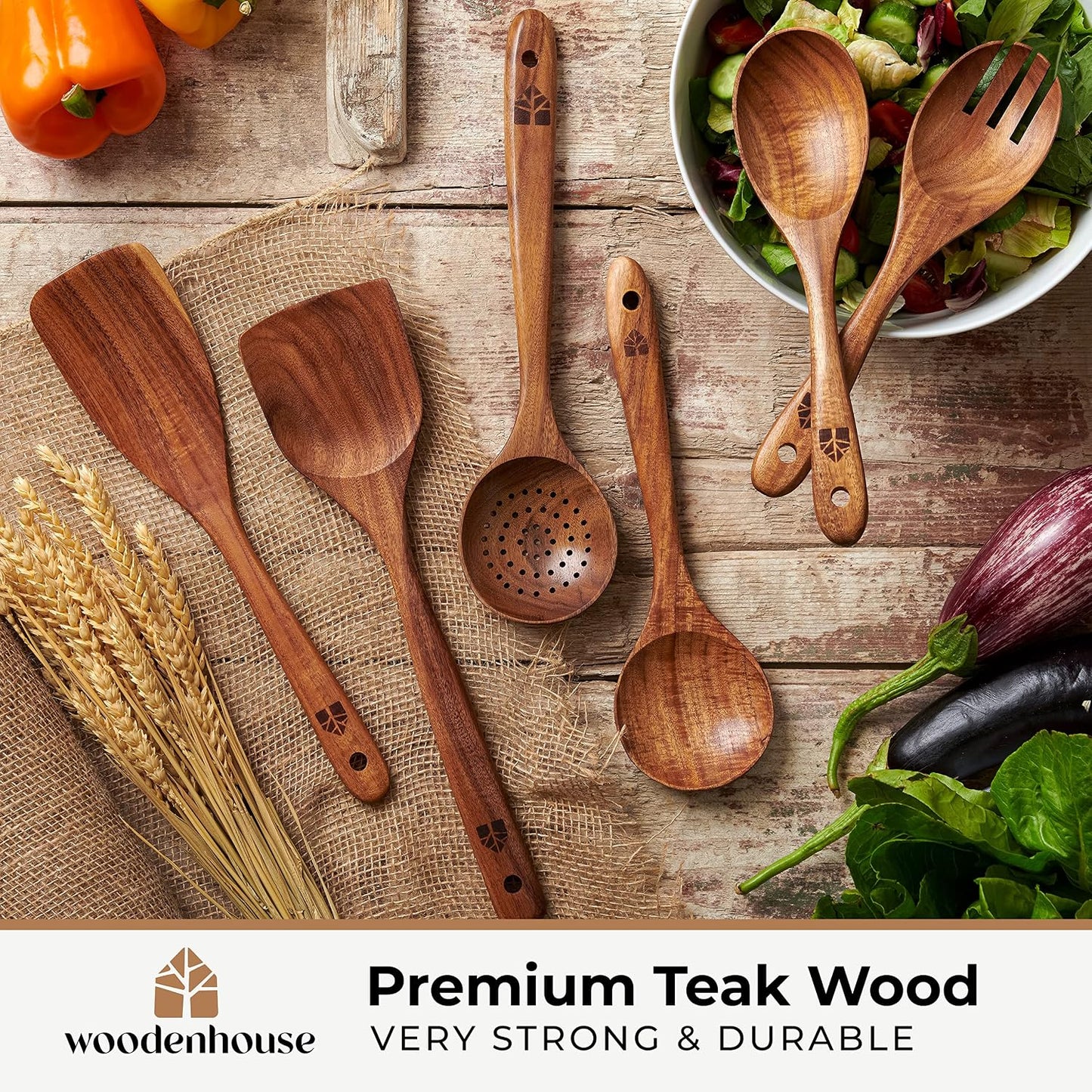 Wooden Spoons for Cooking, Teak Wood Kitchen Utensil Set – Multipack | Comfortable Grip, Non-Stick, Food-Safe & Easy to Clean Natural Cookware