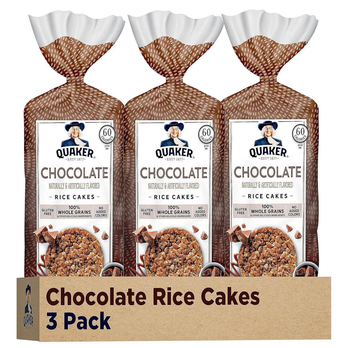 Quaker Large Rice Cakes, Chocolate, 7.23 oz Bags, 3 Pack, Gluten Free, Whole Grain